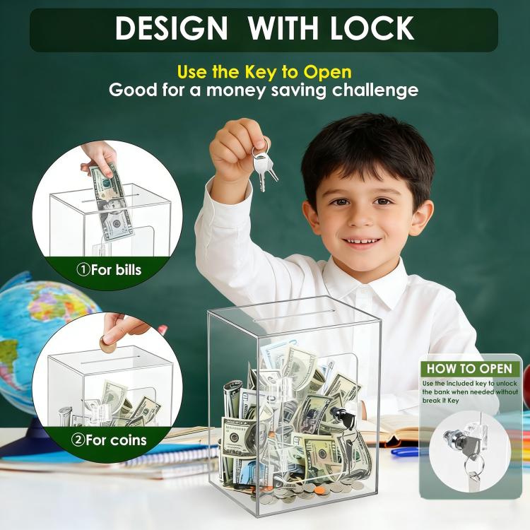 Lockable acrylic money bank with keys held above, showing bills and coins inside