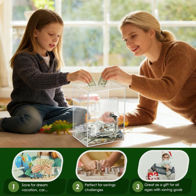 Clear acrylic piggy bank with lock on table, bills and coins visible inside