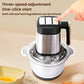 Stainless steel electric meat grinder top with black control area and handle