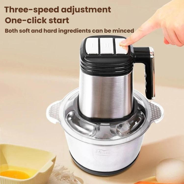 Stainless steel electric meat grinder top with black control area and handle