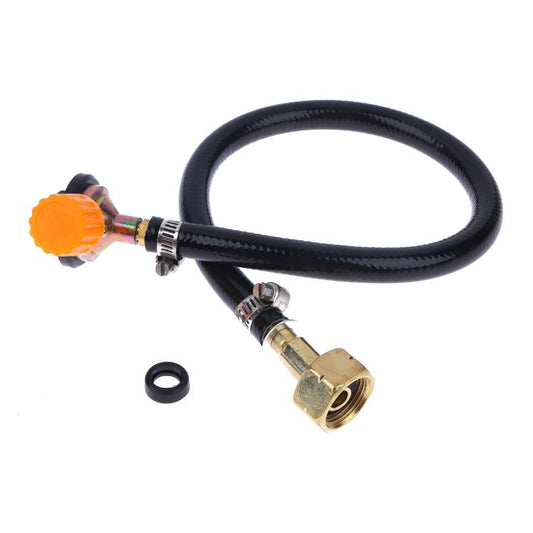 Outdoor gas canister direct-connect inflation valve hose with orange control and brass fitting