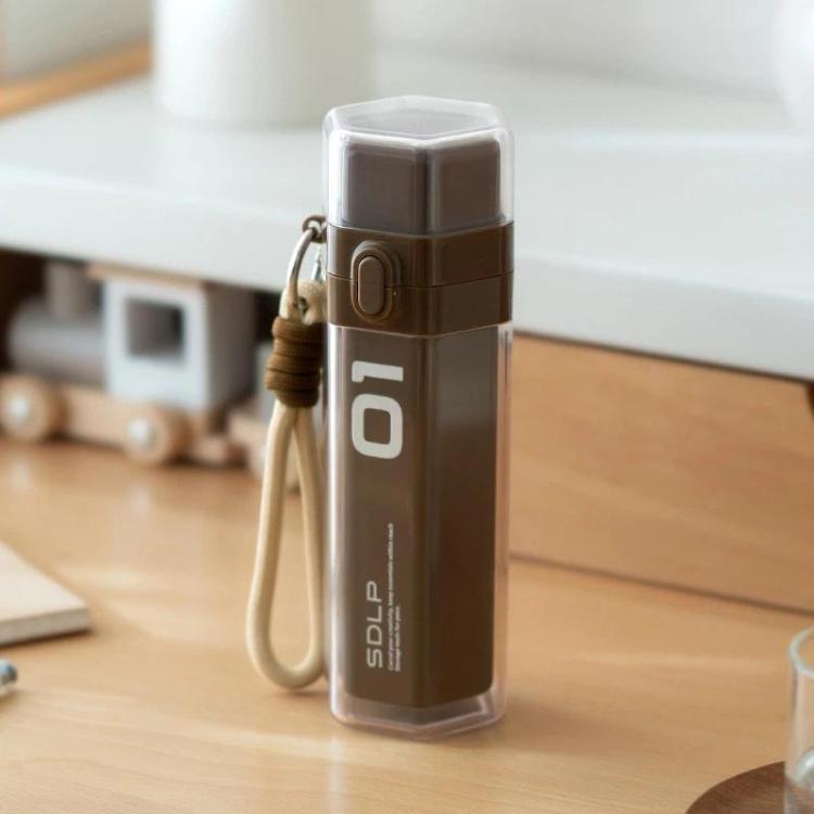 Coffee-brown pop-up pen box pencil holder with flip-top lid and wrist strap