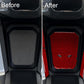 Red carbon-fiber center post protector sticker set on motorcycle panel, before/after view