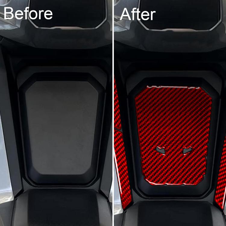 Red carbon-fiber center post protector sticker set on motorcycle panel, before/after view