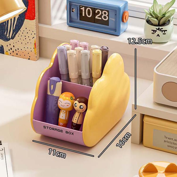 Yellow cosmetic storage rack with open front holds makeup tubes and small cartoon figurines