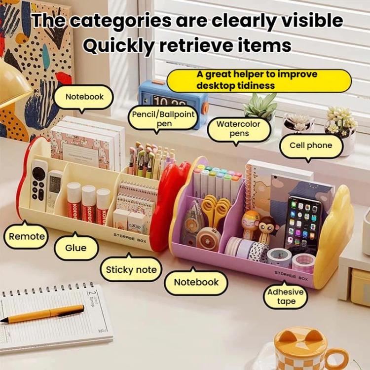 Desktop cosmetic storage rack showing multiple compartments for pens, notes, and a phone