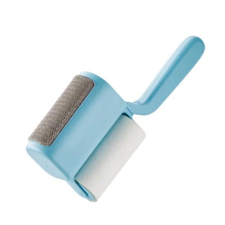 Household lint roller brush with blue handle and soft gray bristles roller