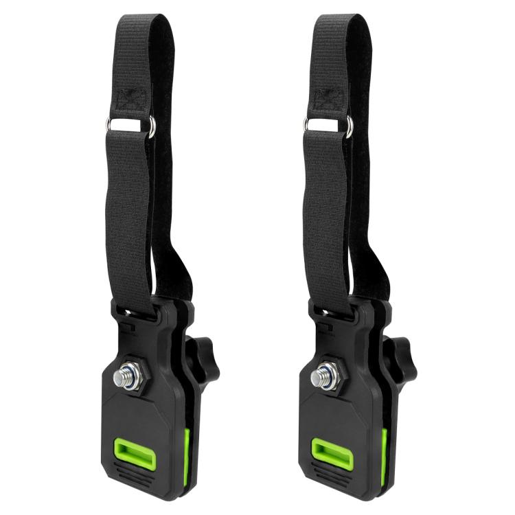 Black nylon awning rope hook clip with green latch and adjustable strap