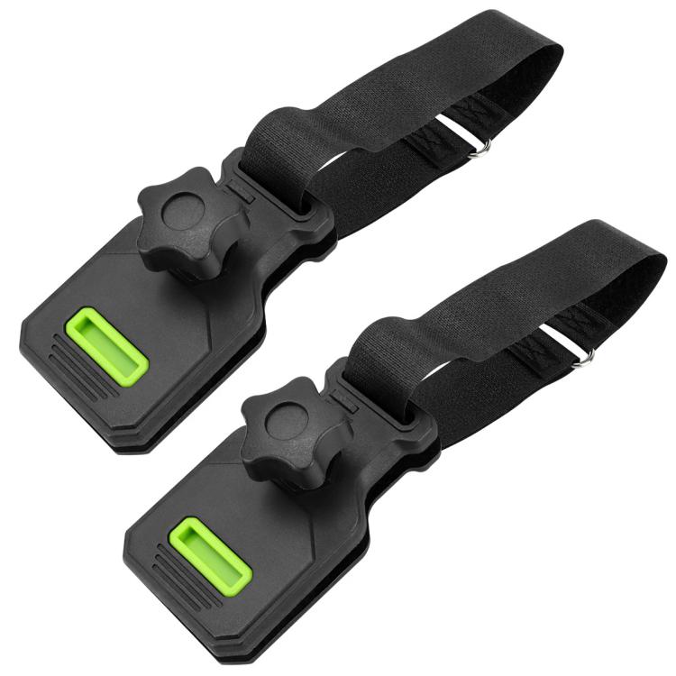 Set of black awning clips with green latch and wide nylon strap loops