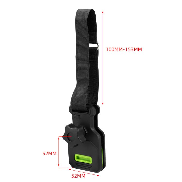 Black nylon awning clip with green latch, shown with size guide markings