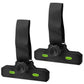 Two black awning rope hook clips with green latch and adjustable webbing straps