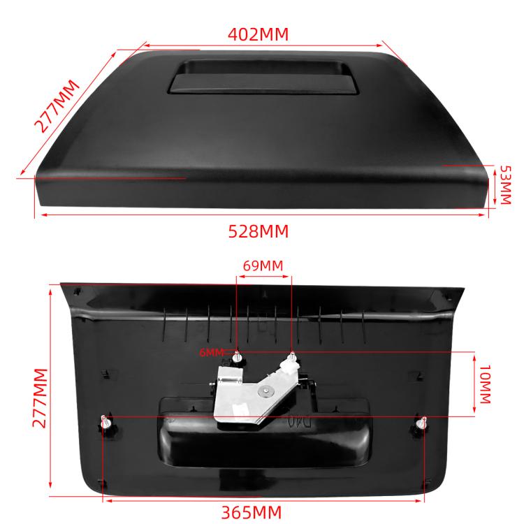 Tailgate handle with internal latch and measurement guide