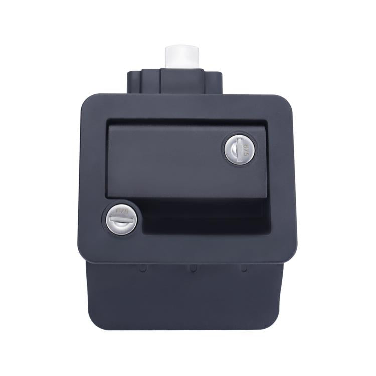 Black RV door lock front plate with two knobs and key cylinder