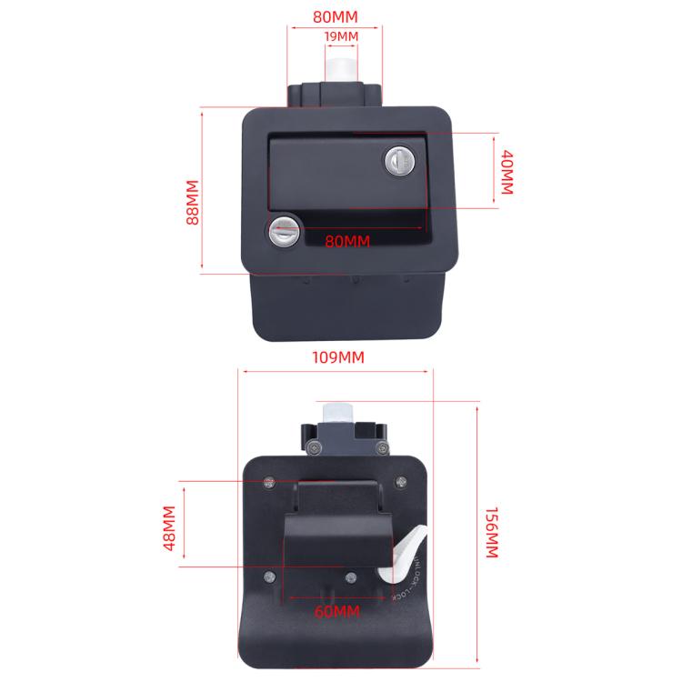 Black RV door lock with measurement diagram and mounting hardware layout