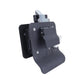 Black RV door lock with side cover and bracket, angled view