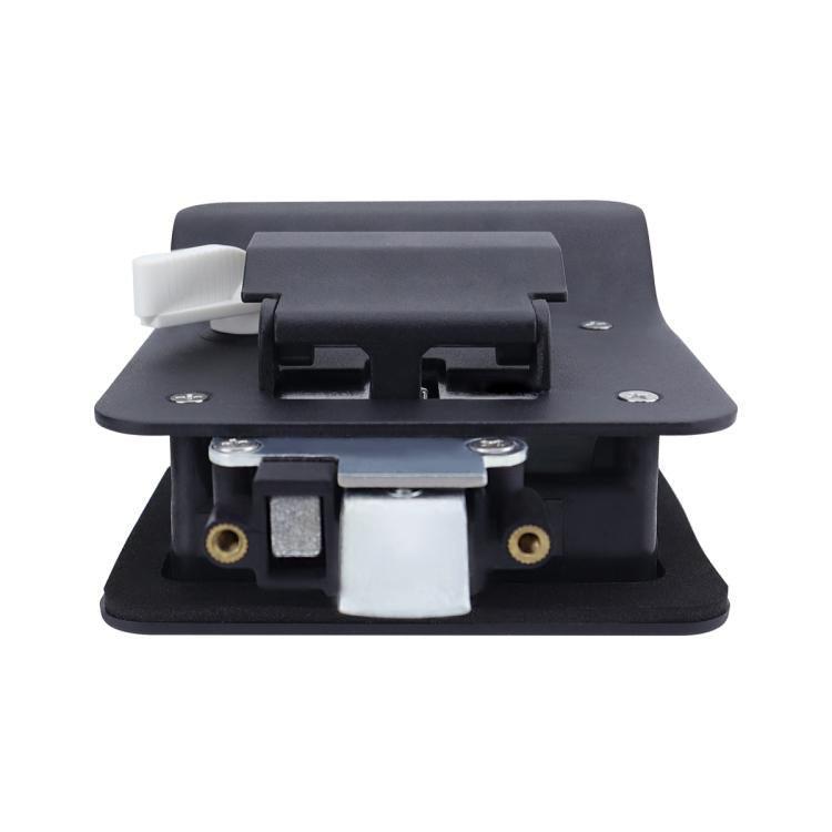 Black RV door lock internal mechanism with mounting base and brass pins