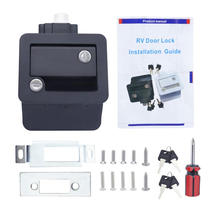 Black RV door lock kit with installation guide, keys, screws, and mounting parts