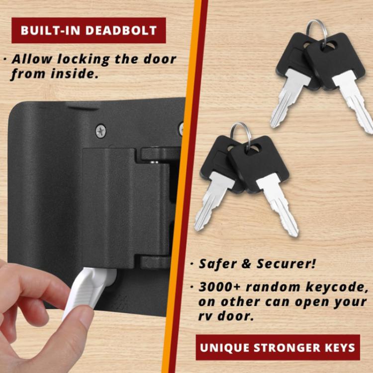 Black RV door lock with keys and deadbolt locking concept