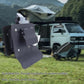 Black RV door lock mounted on exterior door panel with key cylinder