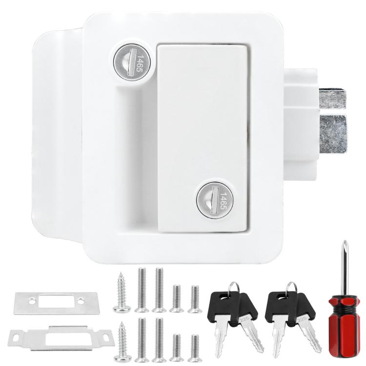 White RV metal panel door latch with chrome keys and two lock cylinders, includes screws