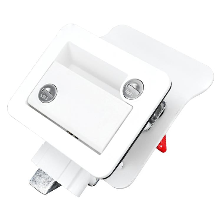 White RV door latch set with two round key cylinders and side mounting plate
