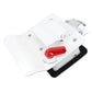 White RV door latch mechanism with red release lever and key cylinder locks