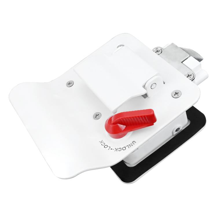 White RV door latch mechanism with red release lever and key cylinder locks