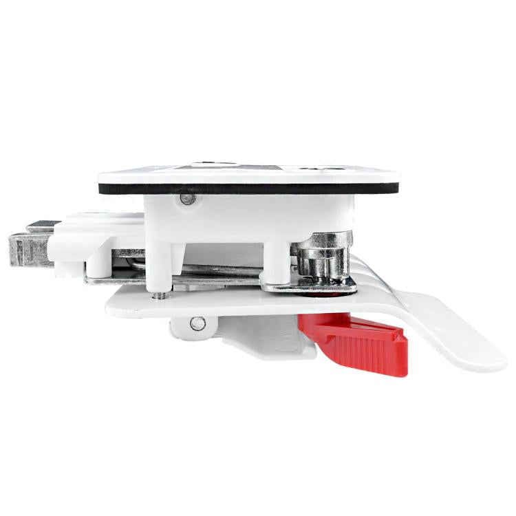 White RV door latch with red handle lever and metal mounting base, side view