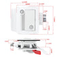 White RV door latch with dimensions shown, includes mounting hardware and screws