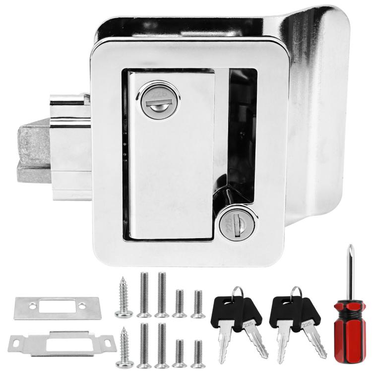White RV metal panel door latch with chrome keys, two cylinders, and mounting screws
