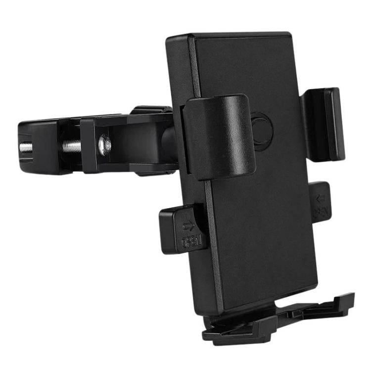 Anti-shake car phone holder mount with adjustable clamp arms, black.