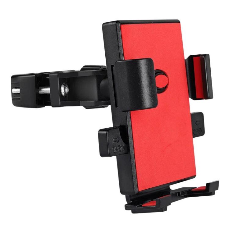 Anti-shake car phone holder mount with adjustable clamp arms, red front panel.