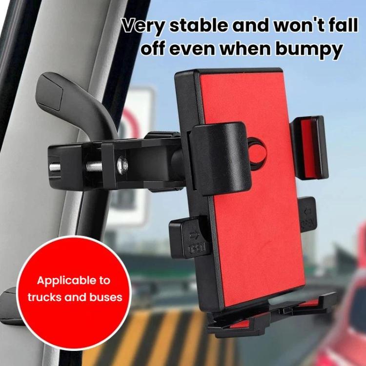 Anti-shake phone holder mount on car dashboard area, red and black.