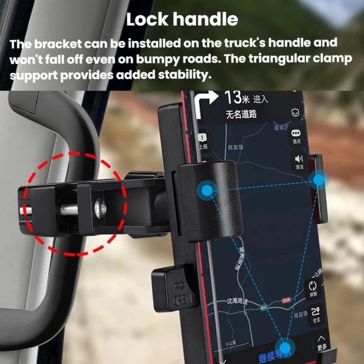 Anti-shake car phone holder with clamp and locking arm, black.