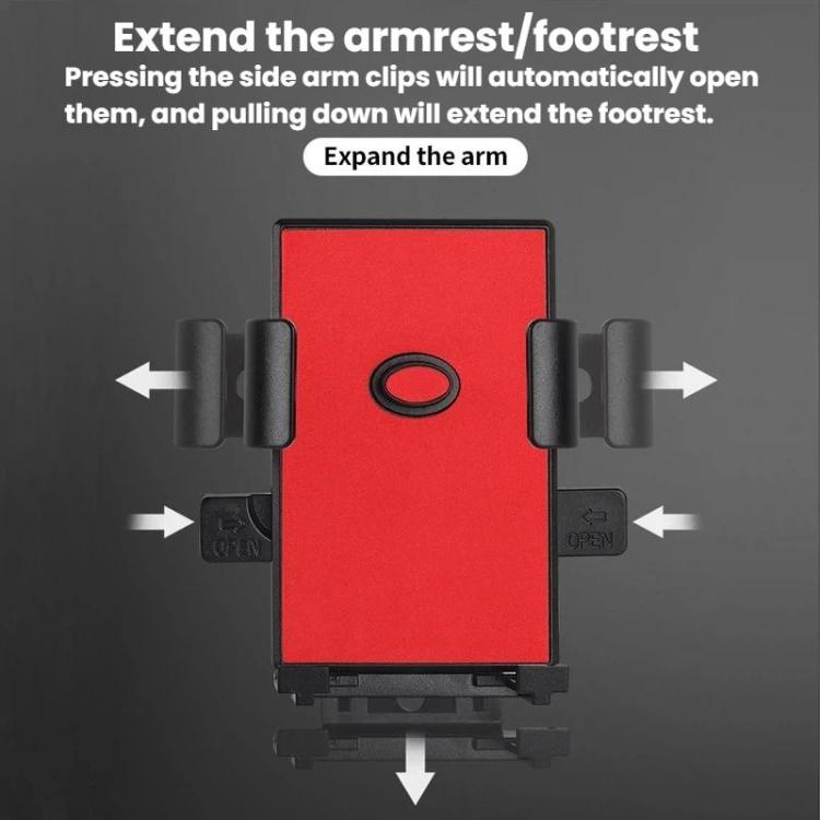 Anti-shake phone holder with side arms expanded, red phone back support.