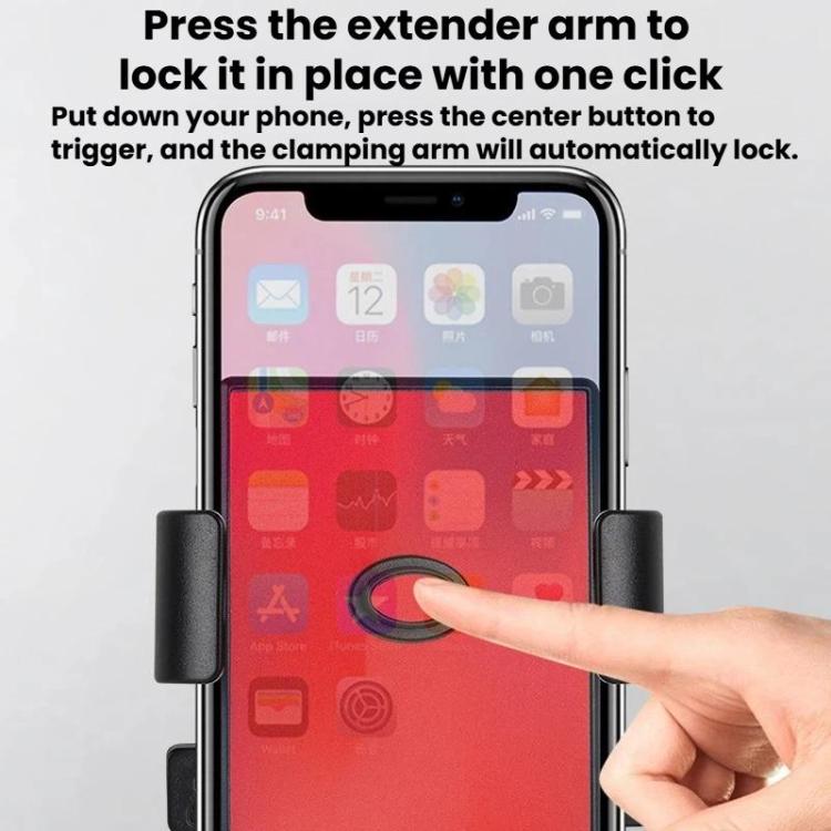 Anti-shake car phone holder gripping a phone, red backing with black clamps.