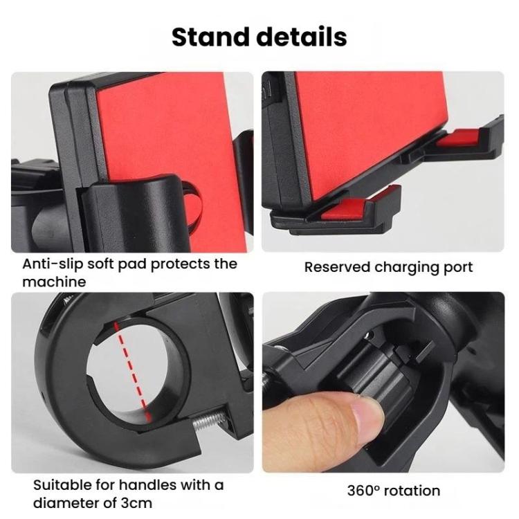 Anti-shake phone holder details: anti-slip pad, charging port, 360° rotation.
