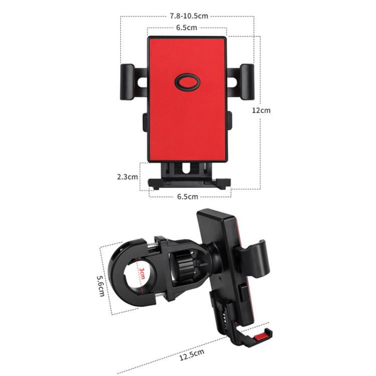 Anti-shake phone holder mount size diagram, red back panel, black clamps.