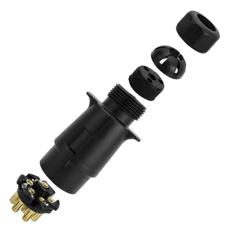 Automotive trailer socket connector with black housing and metal pin contacts