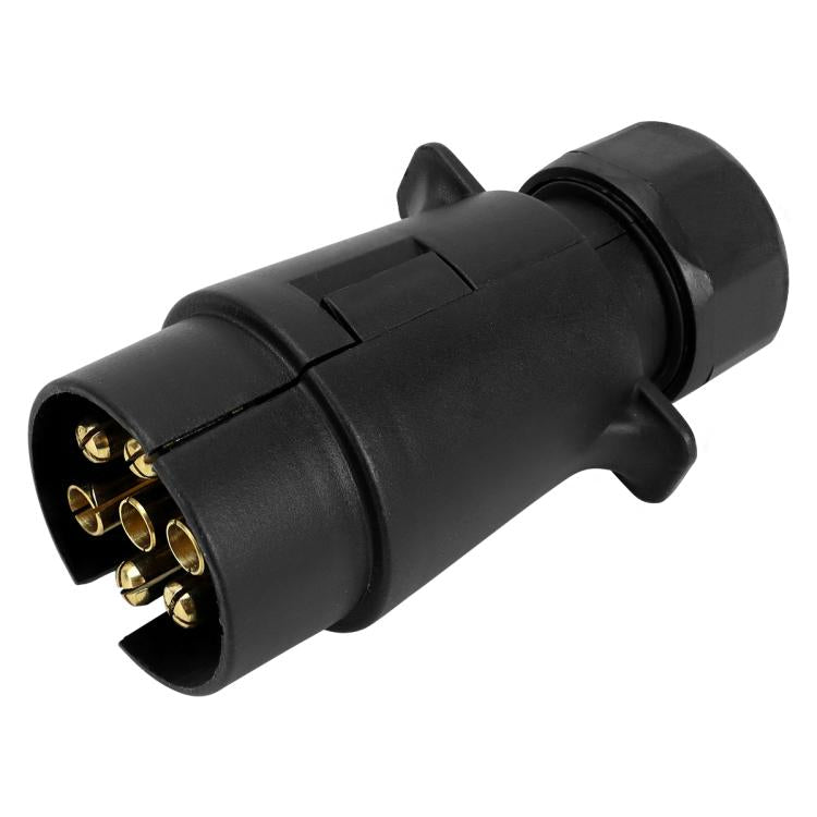Automotive trailer socket connector with black body and gold pin terminals
