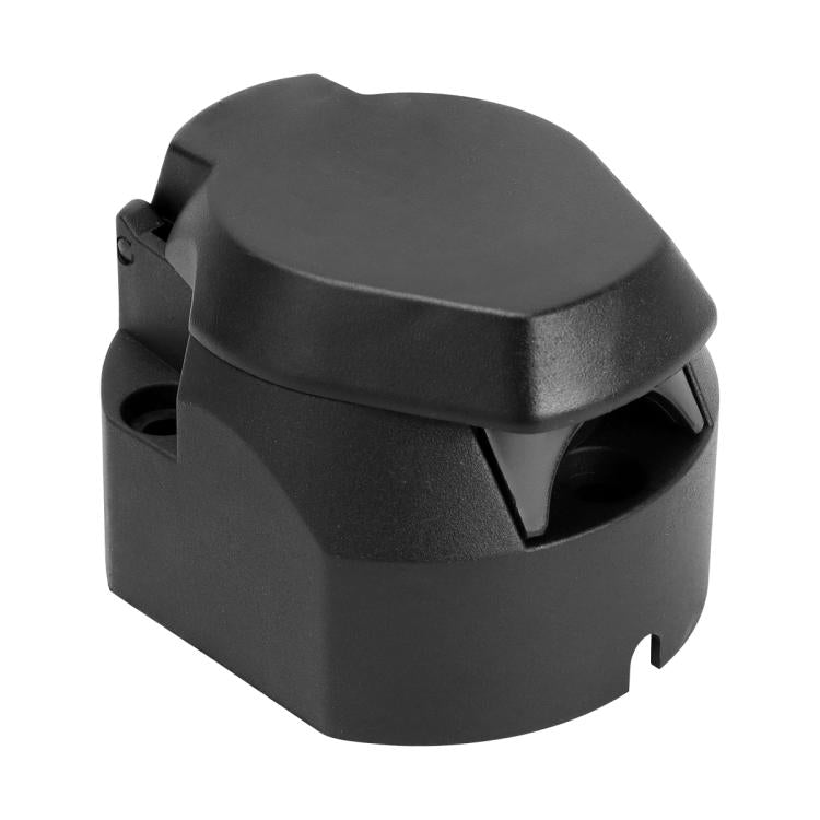 Automotive trailer socket connector cover cap with black plastic housing