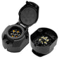 Automotive trailer socket connector housing with exposed gold pin contacts, black