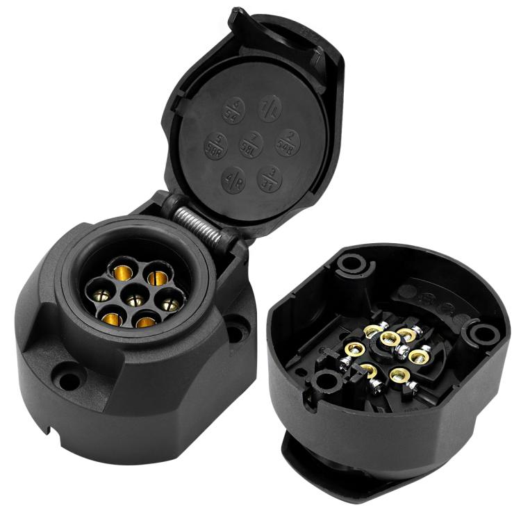 Automotive trailer socket connector housing with exposed gold pin contacts, black
