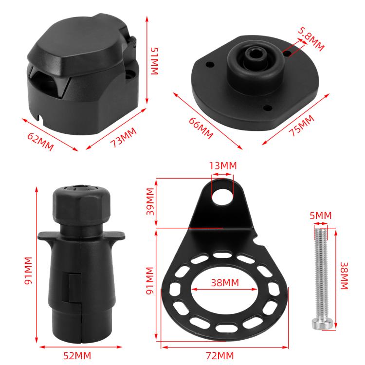 Black automotive trailer socket connector and mounting bracket with size diagram