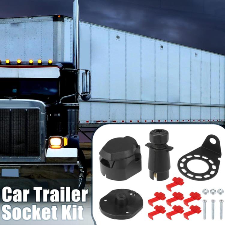 Automotive trailer socket kit with black connectors, bracket, and red wiring clips