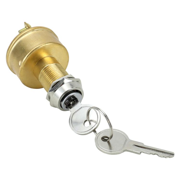 Automotive ignition switch with brass housing, metal cylinder, and two keys