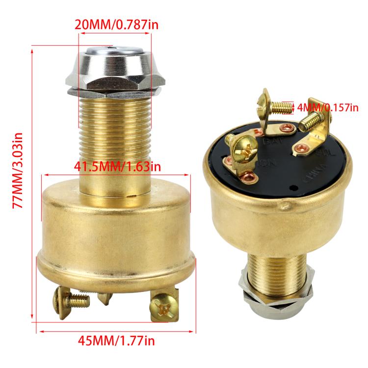 Automotive ignition switch dimensions view: brass body and threaded mounting stem