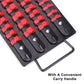 Close-up of red socket clips on black organizer tray with metal handle