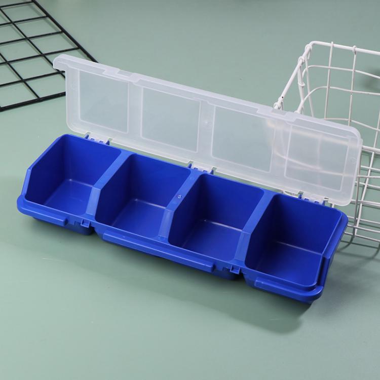 Blue multi-compartment hardware storage box with clear hinged lid and partitioned slots