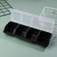 Black multi-compartment hardware storage box with clear hinged lid and divided sections